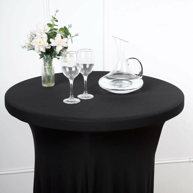 Black Round Spandex Cocktail Table Cover With Natural Wavy Drapes  |   Spandex & Fitted Spandex & Fitted Black