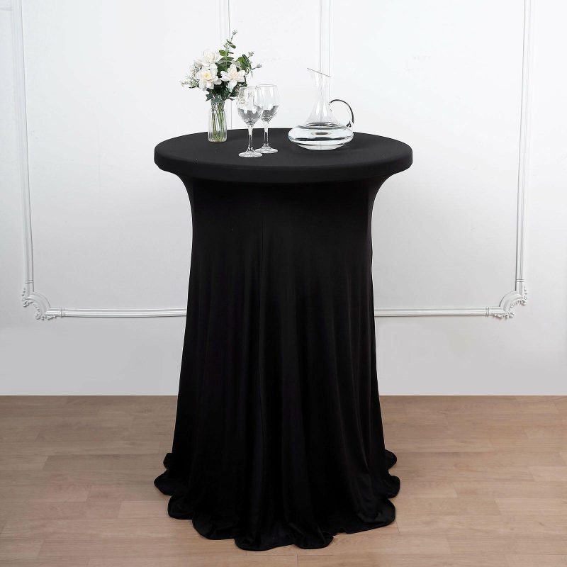 Black Round Spandex Cocktail Table Cover With Natural Wavy Drapes  |   Spandex & Fitted Spandex & Fitted Black