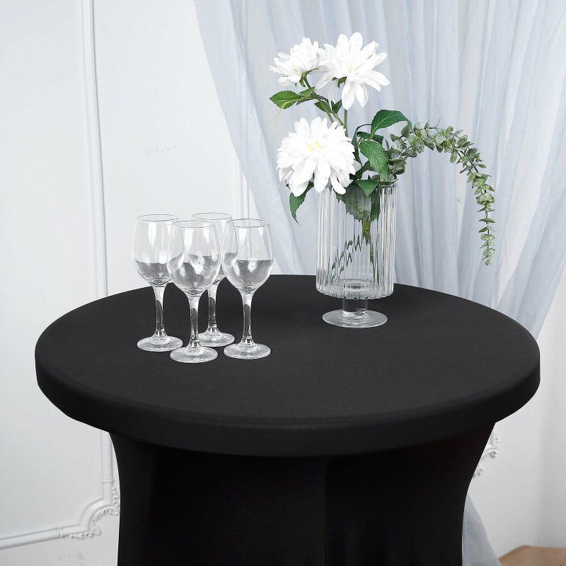 Black Round Spandex Cocktail Table Cover With Natural Wavy Drapes  |   Spandex & Fitted Spandex & Fitted Black