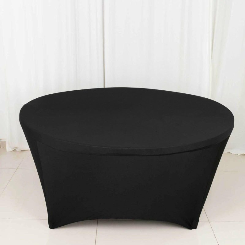 Black Round Stretch Spandex Tablecloth 6ft Fitted Table Cover for 72 inch Tables  |   Spandex & Fitted Spandex & Fitted Black