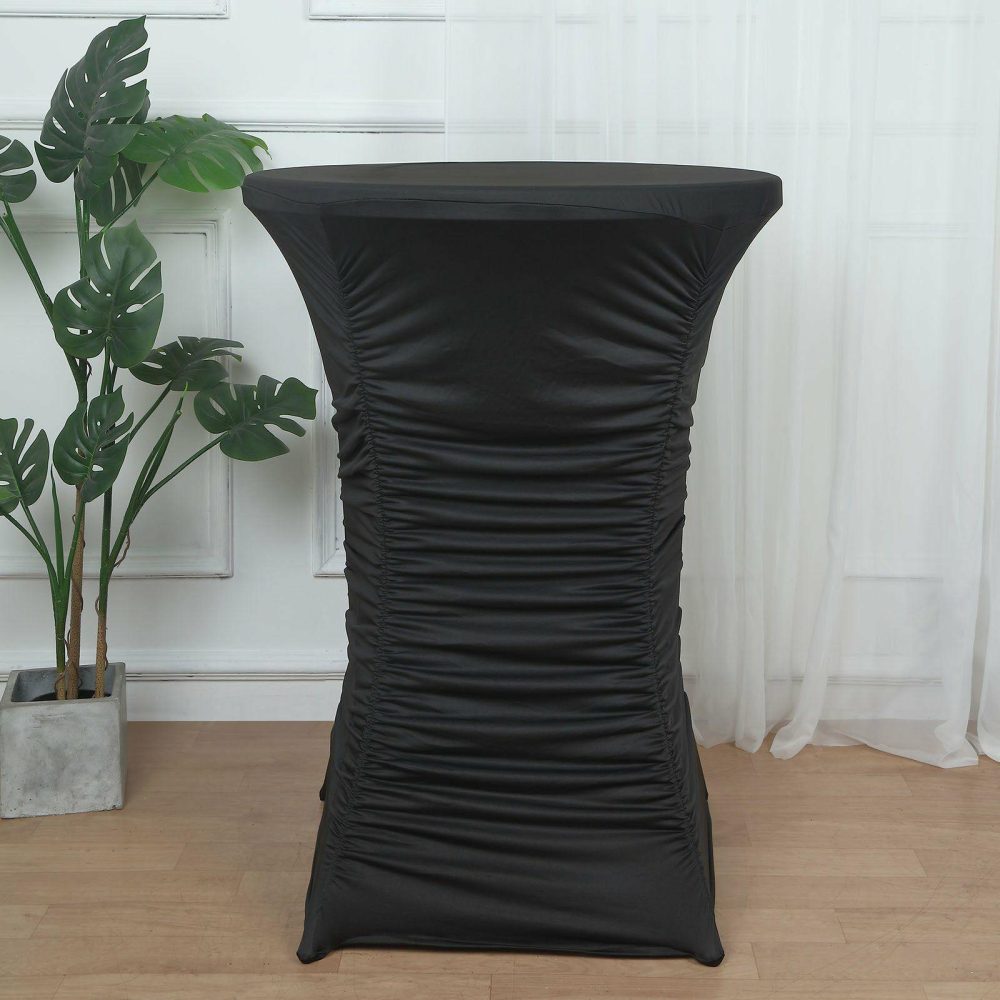 Black Ruched Pleated Heavy Duty Spandex Cocktail Table Cover – Closeout Sale 32″  |   Spandex & Fitted Spandex & Fitted Black