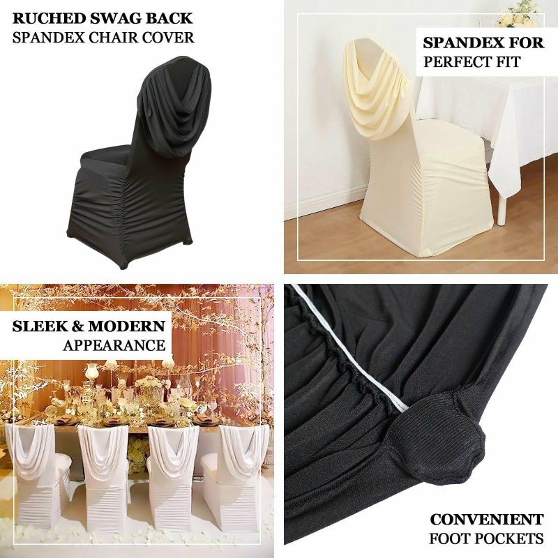 Black Ruched Swag Back Spandex Fitted Banquet Chair Cover With Foot Pockets  |   Spandex Fitted Banquet Chair Covers Black