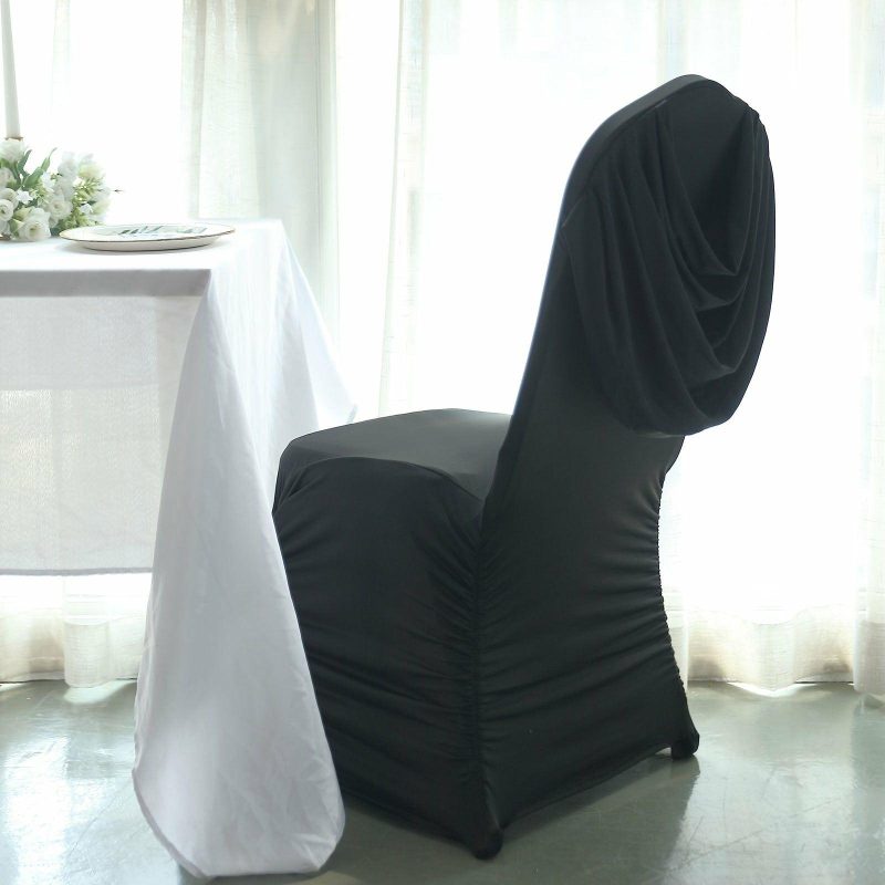 Black Ruched Swag Back Spandex Fitted Banquet Chair Cover With Foot Pockets  |   Spandex Fitted Banquet Chair Covers Black