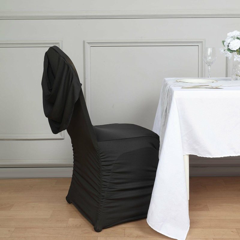 Black Ruched Swag Back Spandex Fitted Banquet Chair Cover With Foot Pockets  |   Spandex Fitted Banquet Chair Covers Black