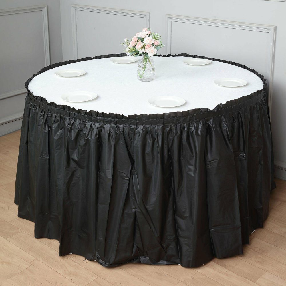 Black Ruffled Plastic Disposable Table Skirt, Waterproof Spill Proof Outdoor/Indoor Table Skirt 14ft  |   Disposable Tablecloth Disposable Tablecloth Black