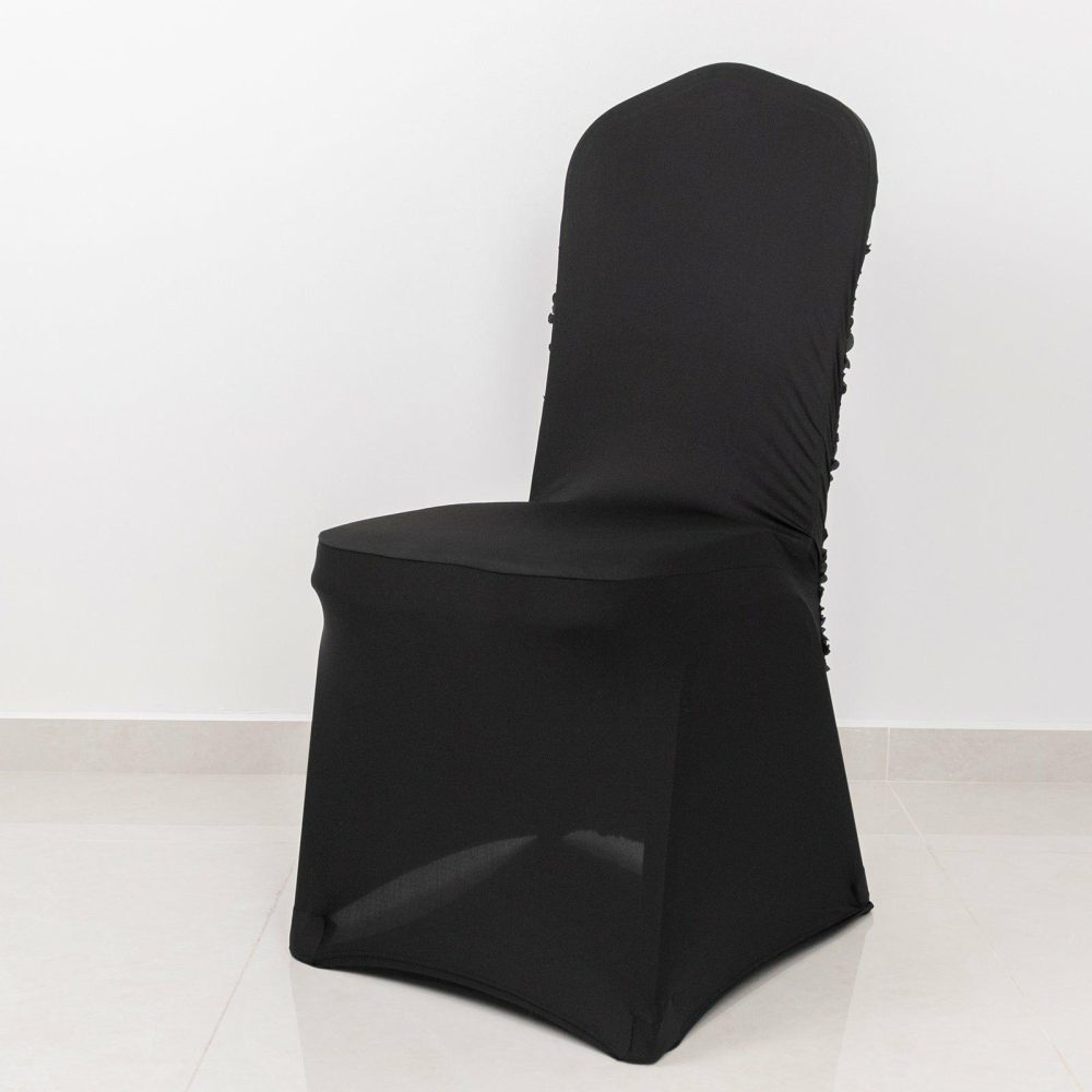 Black Satin Rosette Spandex Stretch Banquet Chair Cover, Fitted Slip On Chair Cover  |   Spandex Fitted Banquet Chair Covers Black