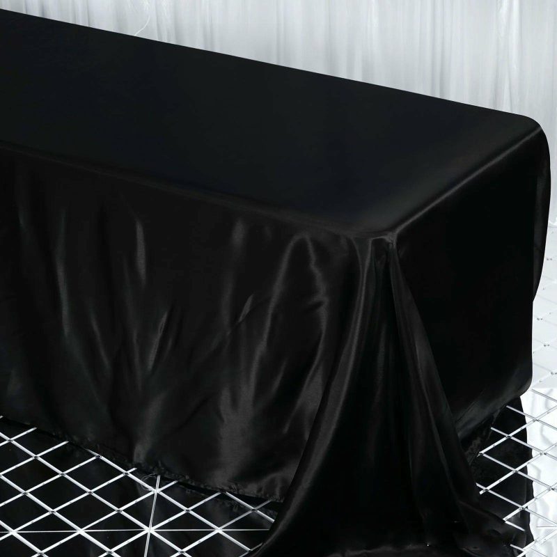 Black Satin Seamless Rectangular Tablecloth 90″x132″ for 6 Foot Table With Floor-Length Drop  |   Satin Satin Black