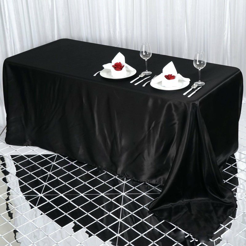 Black Satin Seamless Rectangular Tablecloth 90″x132″ for 6 Foot Table With Floor-Length Drop  |   Satin Satin Black