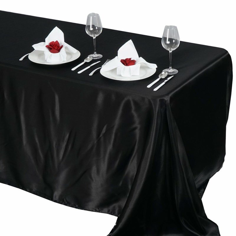 Black Satin Seamless Rectangular Tablecloth 90″x132″ for 6 Foot Table With Floor-Length Drop  |   Satin Satin Black