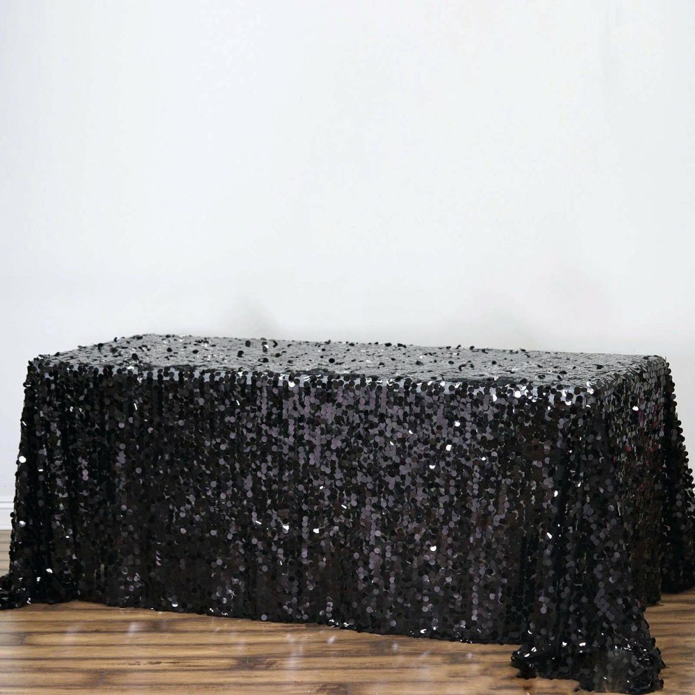 Black Seamless Big Payette Sequin Rectangle Tablecloth 90″x132″ for 6 Foot Table With Floor-Length Drop  |   Sequin Sequin Black