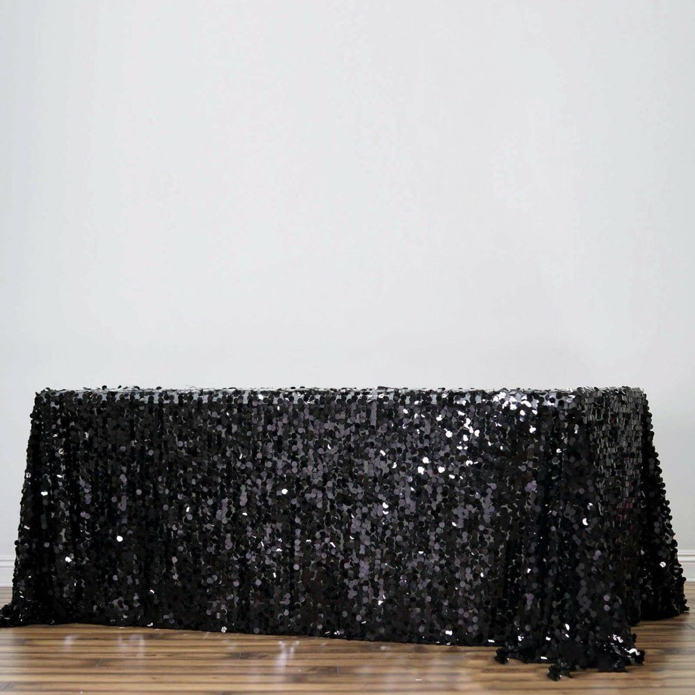 Black Seamless Big Payette Sequin Rectangle Tablecloth Premium 90″X156″ for 8 Foot Table With Floor-Length Drop  |   Sequin Sequin Black