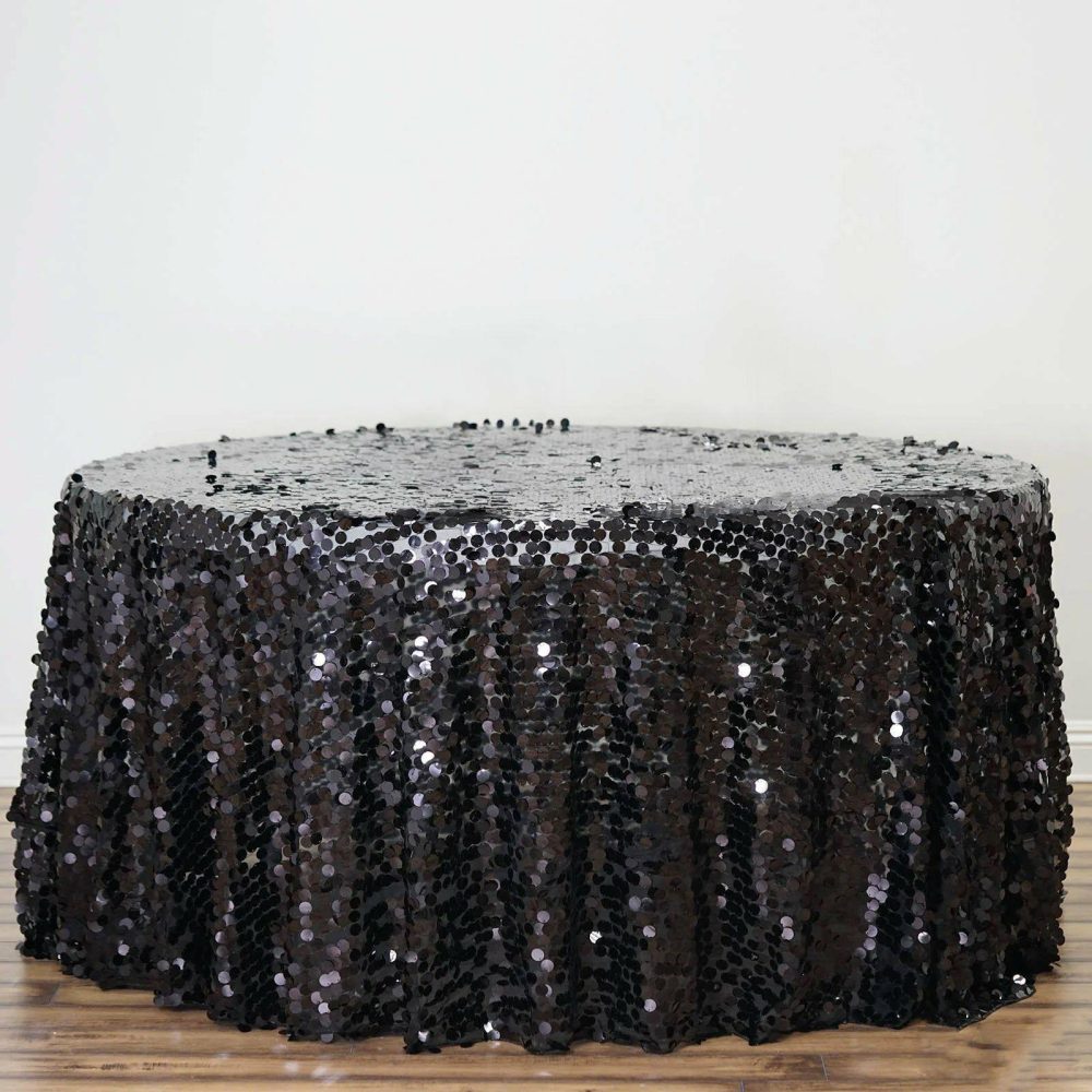 Black Seamless Big Payette Sequin Round Tablecloth Premium Collection 120″ for 5 Foot Table With Floor-Length Drop  |   Sequin Sequin Black