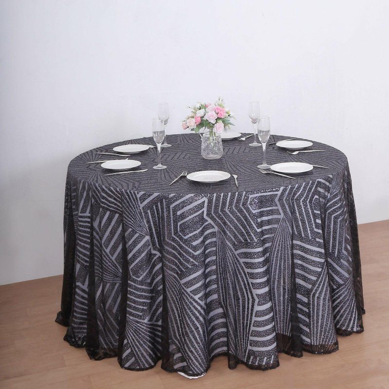 Black Seamless Diamond Glitz Sequin Round Tablecloth 120″ for 5 Foot Table With Floor-Length Drop  |   Sequin Sequin Black