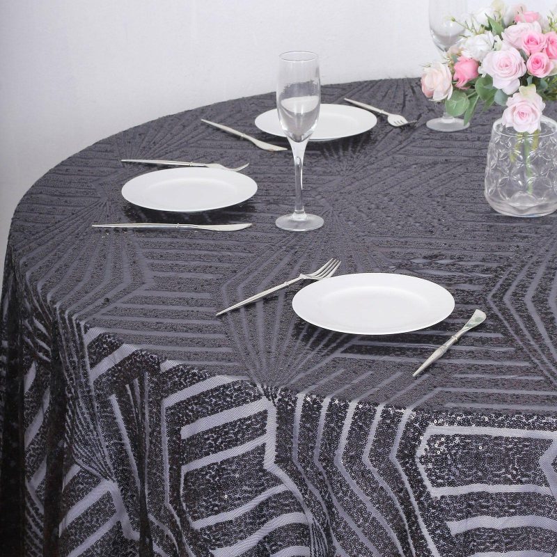 Black Seamless Diamond Glitz Sequin Round Tablecloth 120″ for 5 Foot Table With Floor-Length Drop  |   Sequin Sequin Black