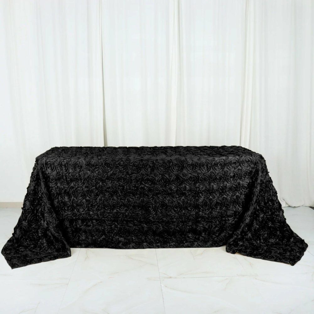 Black Seamless Grandiose 3D Rosette Satin Rectangle Tablecloth 90″x132″ for 6 Foot Table With Floor-Length Drop  |   Rosette Rosette Black