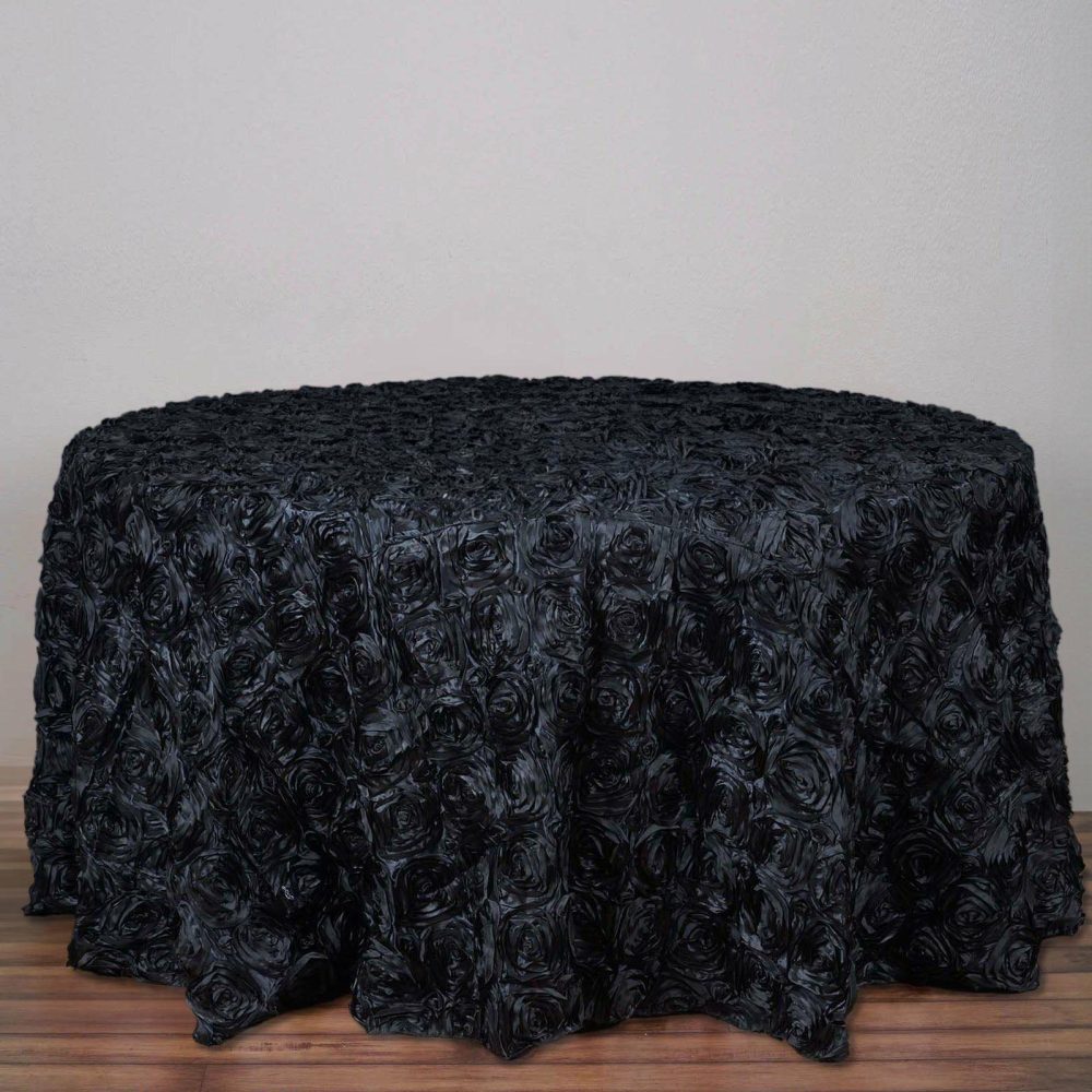 Black Seamless Grandiose 3D Rosette Satin Round Tablecloth 120″ for 5 Foot Table With Floor-Length Drop  |   Rosette Rosette Black