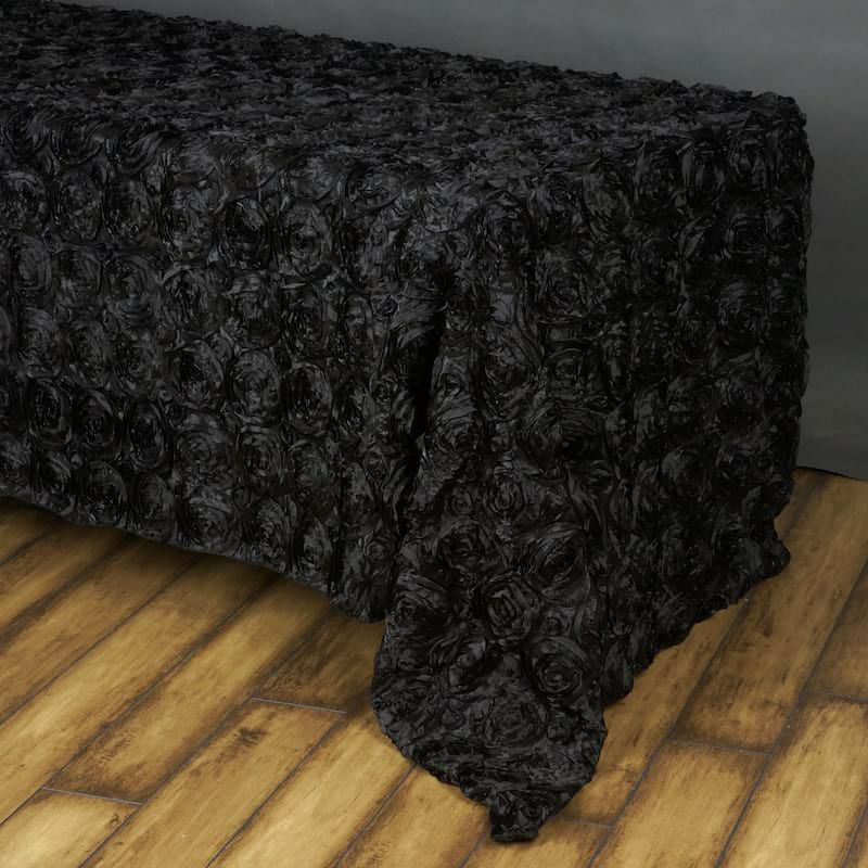 Black Seamless Grandiose Rosette 3D Satin Rectangle Tablecloth 90″x156″ for 8 Foot Table With Floor-Length Drop  |   Rosette Rosette Black