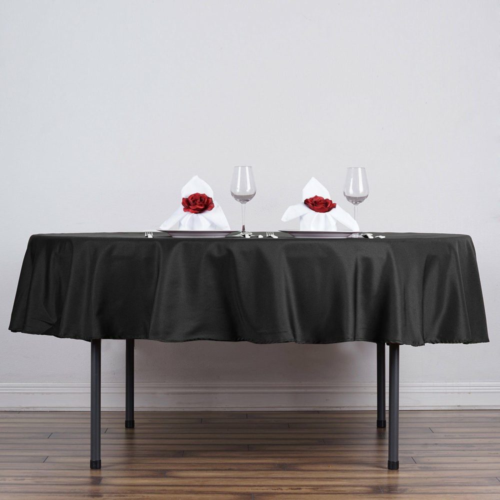 Black Seamless Polyester Linen Tablecloth 70″ Round  |   Polyester Polyester Black