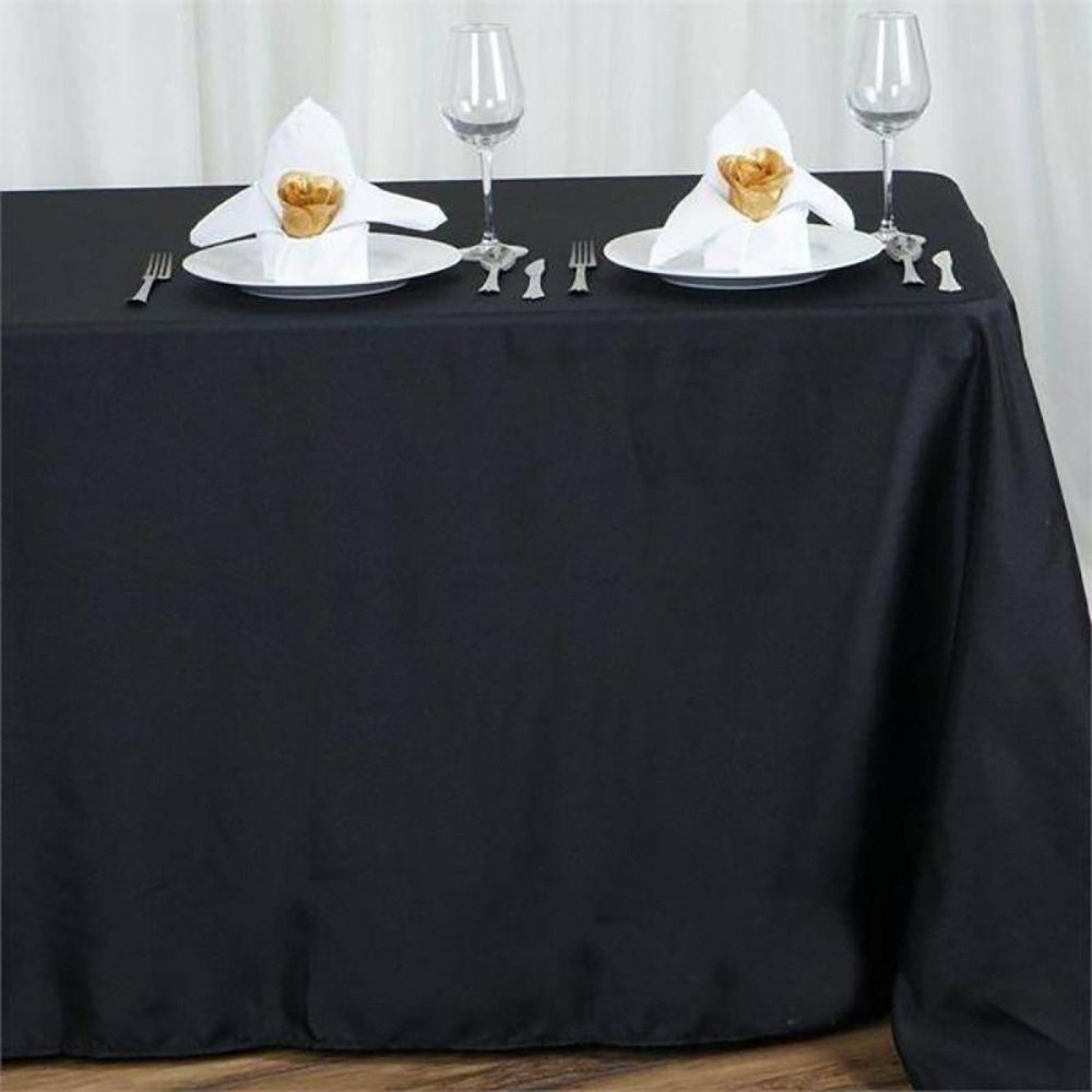 Black Seamless Polyester Rectangular Tablecloth 90″x156″ for 8 Foot Table With Floor-Length Drop  |   Polyester Polyester Black