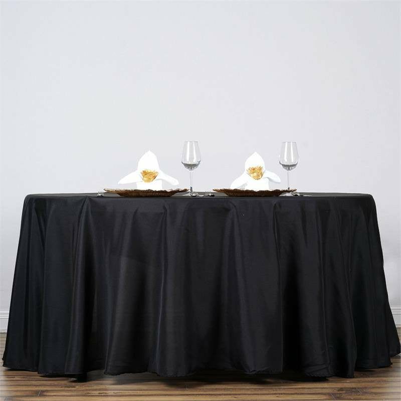 Black Seamless Polyester Round Tablecloth 132″ for 6 Foot Table With Floor-Length Drop  |   Polyester Polyester Black