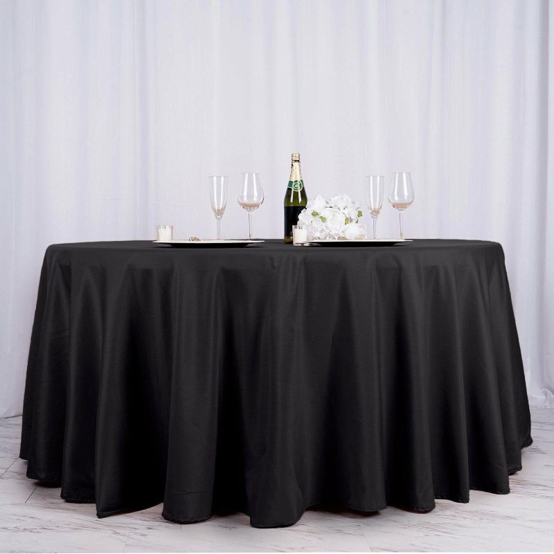 Black Seamless Polyester Round Tablecloth 132″ for 6 Foot Table With Floor-Length Drop  |   Polyester Polyester Black