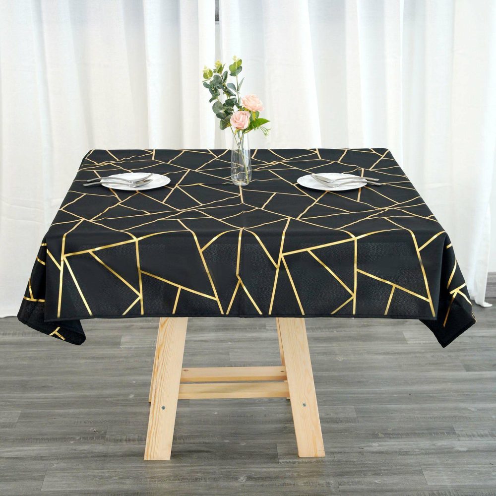 Black Seamless Polyester Square Tablecloth With Gold Foil Geometric Pattern 54″x54″  |   Polyester Polyester Black