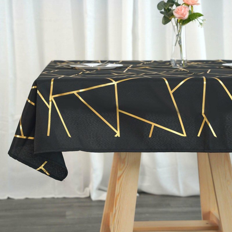 Black Seamless Polyester Square Tablecloth With Gold Foil Geometric Pattern 54″x54″  |   Polyester Polyester Black