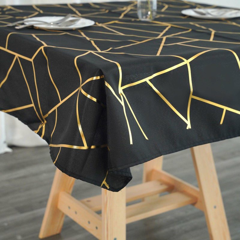 Black Seamless Polyester Square Tablecloth With Gold Foil Geometric Pattern 54″x54″  |   Polyester Polyester Black