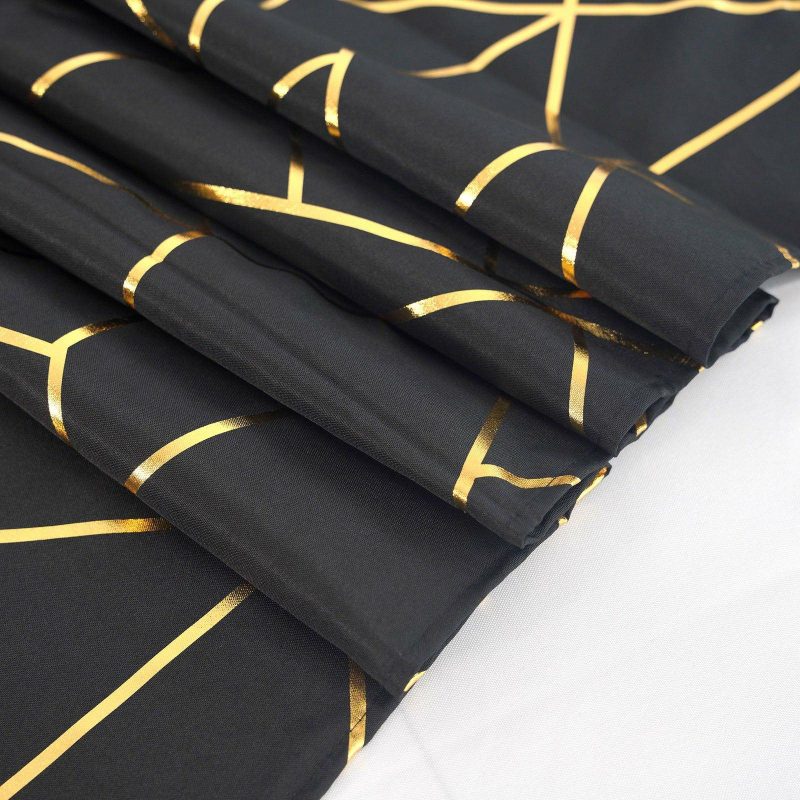 Black Seamless Polyester Square Tablecloth With Gold Foil Geometric Pattern 54″x54″  |   Polyester Polyester Black