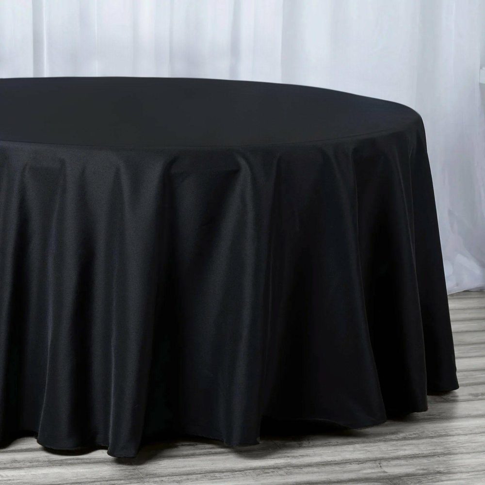 Black Seamless Premium Polyester Round Tablecloth 220GSM 132″ for 6 Foot Table With Floor-Length Drop  |   Polyester Polyester Black