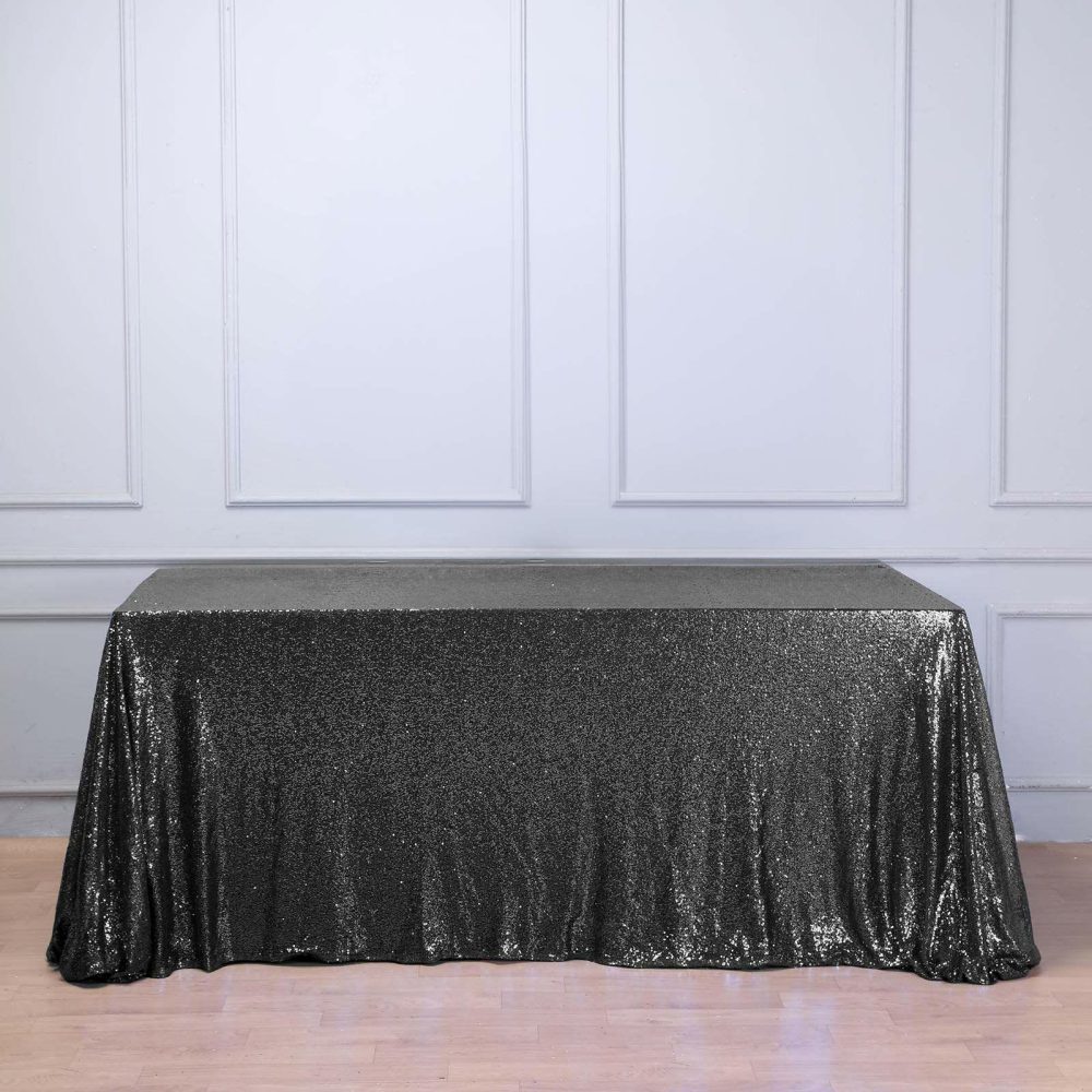 Black Seamless Premium Sequin Rectangle Tablecloth 90″x132″ for 6 Foot Table With Floor-Length Drop  |   Sequin Sequin Black