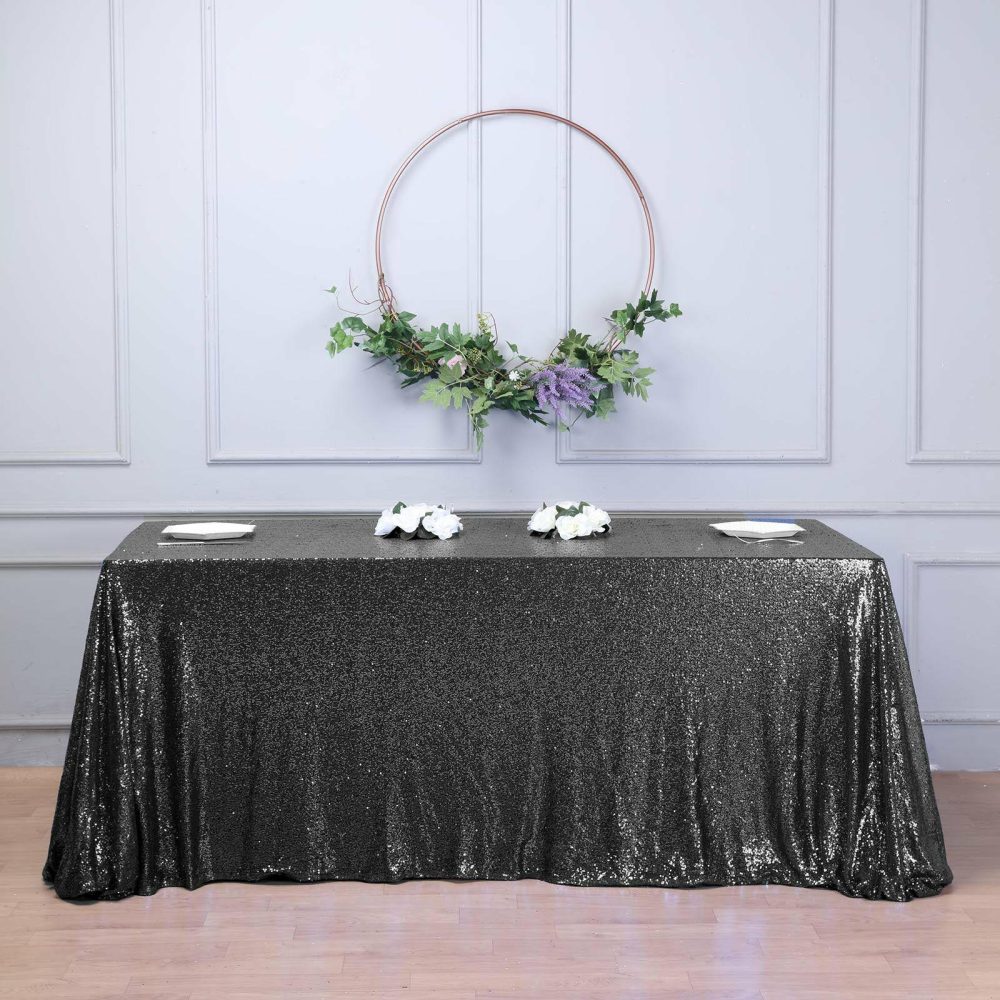 Black Seamless Premium Sequin Rectangle Tablecloth 90×156″ for 8 Foot Table With Floor-Length Drop  |   Sequin Sequin Black