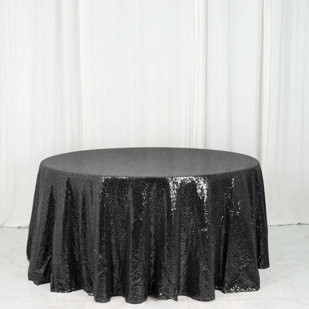 Black Seamless Premium Sequin Round Tablecloth 120″ for 5 Foot Table With Floor-Length Drop  |   Sequin Sequin Black