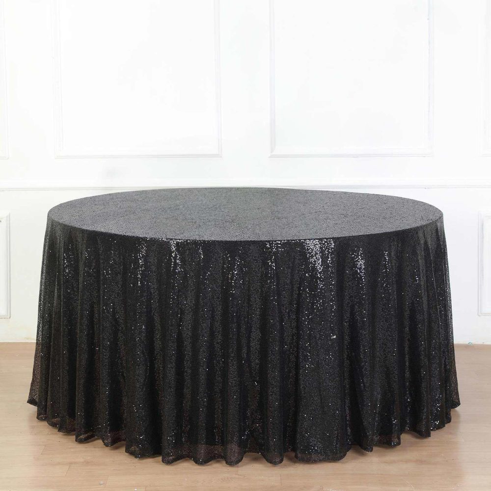 Black Seamless Premium Sequin Round Tablecloth, Sparkly Tablecloth 132″ for 6 Foot Table With Floor-Length Drop  |   Sequin Sequin Black