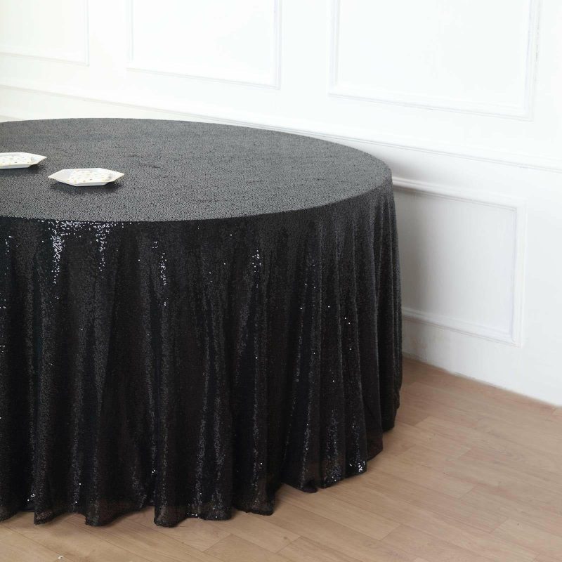 Black Seamless Premium Sequin Round Tablecloth, Sparkly Tablecloth 132″ for 6 Foot Table With Floor-Length Drop  |   Sequin Sequin Black