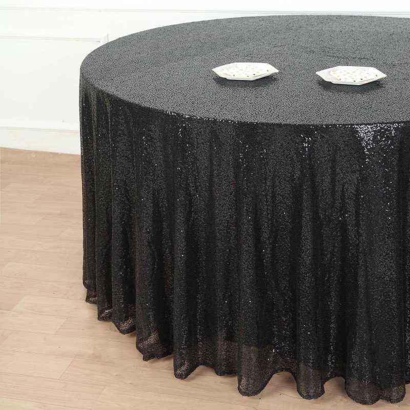 Black Seamless Premium Sequin Round Tablecloth, Sparkly Tablecloth 132″ for 6 Foot Table With Floor-Length Drop  |   Sequin Sequin Black