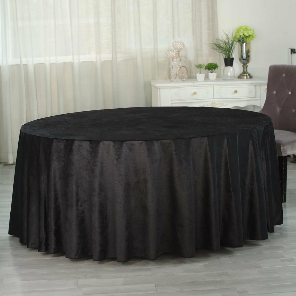 Black Seamless Premium Velvet Round Tablecloth, Reusable Linen 120″ for 5 Foot Table With Floor-Length Drop  |   Velvet & Flocking Tablecloths Black