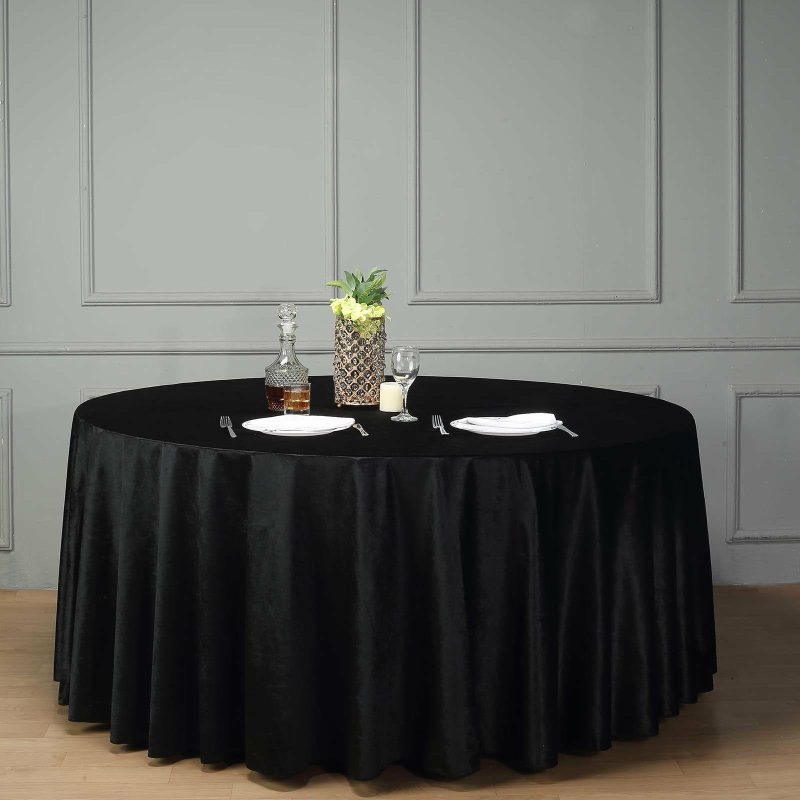 Black Seamless Premium Velvet Round Tablecloth, Reusable Linen 120″ for 5 Foot Table With Floor-Length Drop  |   Velvet & Flocking Tablecloths Black