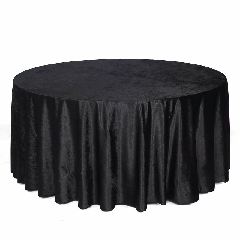 Black Seamless Premium Velvet Round Tablecloth, Reusable Linen 120″ for 5 Foot Table With Floor-Length Drop  |   Velvet & Flocking Tablecloths Black