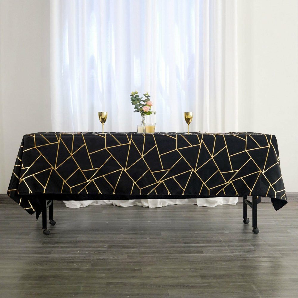 Black Seamless Rectangle Polyester Tablecloth With Gold Foil Geometric Pattern 60″x102″  |   Polyester Polyester Black