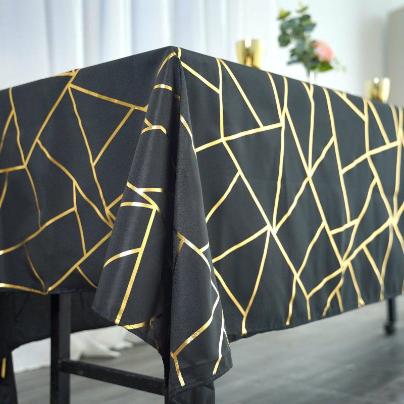 Black Seamless Rectangle Polyester Tablecloth With Gold Foil Geometric Pattern 60″x102″  |   Polyester Polyester Black