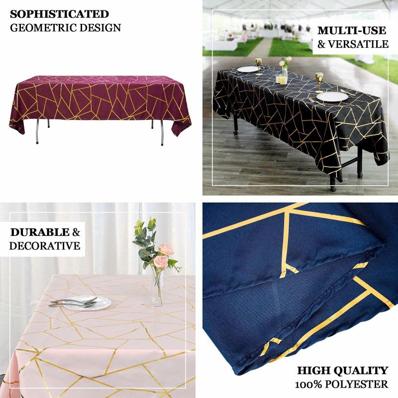 Black Seamless Rectangle Polyester Tablecloth With Gold Foil Geometric Pattern 60″x102″  |   Polyester Polyester Black