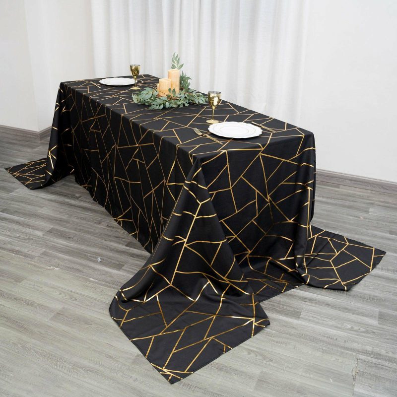 Black Seamless Rectangle Polyester Tablecloth With Gold Foil Geometric Pattern 90″x156″ for 8 Foot Table With Floor-Length Drop  |   Polyester Polyester Black