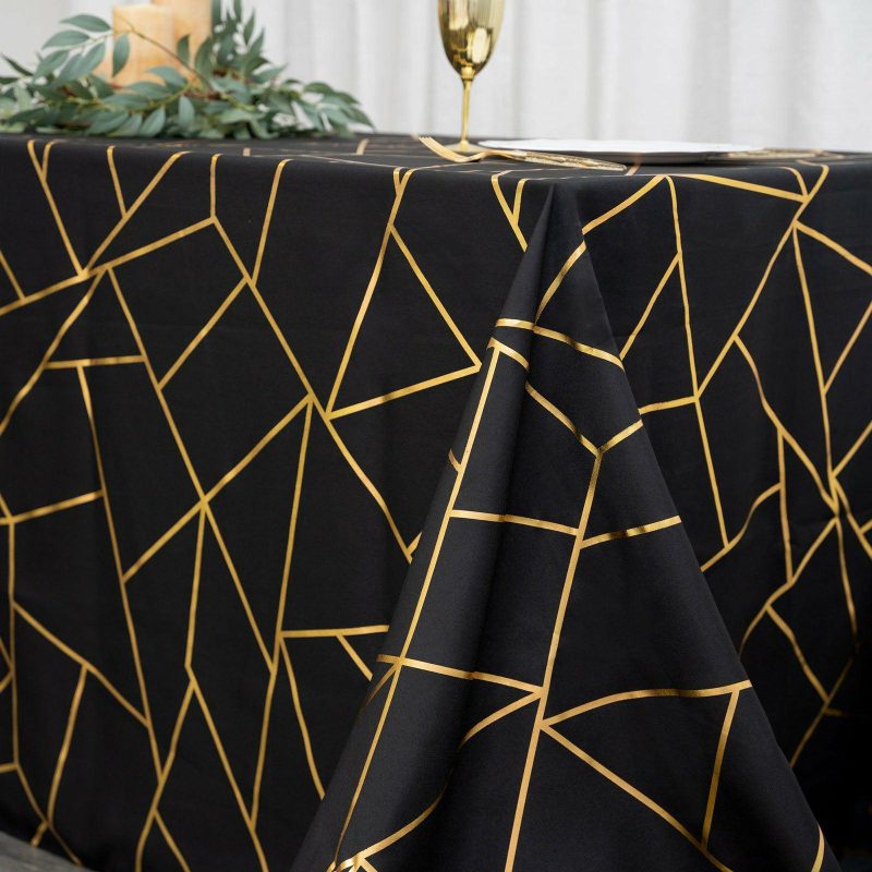 Black Seamless Rectangle Polyester Tablecloth With Gold Foil Geometric Pattern 90″x156″ for 8 Foot Table With Floor-Length Drop  |   Polyester Polyester Black