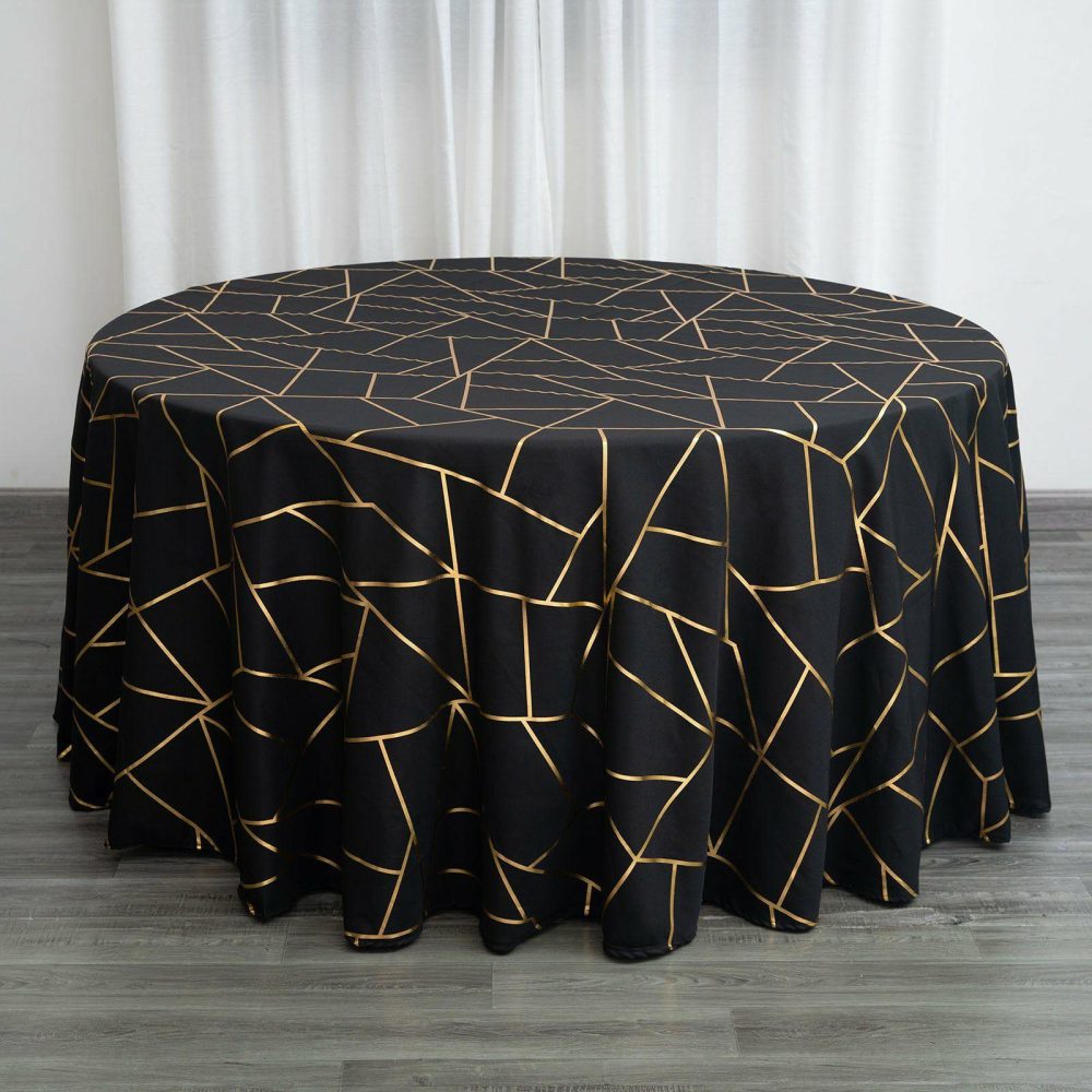 Black Seamless Round Polyester Tablecloth With Gold Foil Geometric Pattern 120″ for 5 Foot Table With Floor-Length Drop  |   Polyester Polyester Black