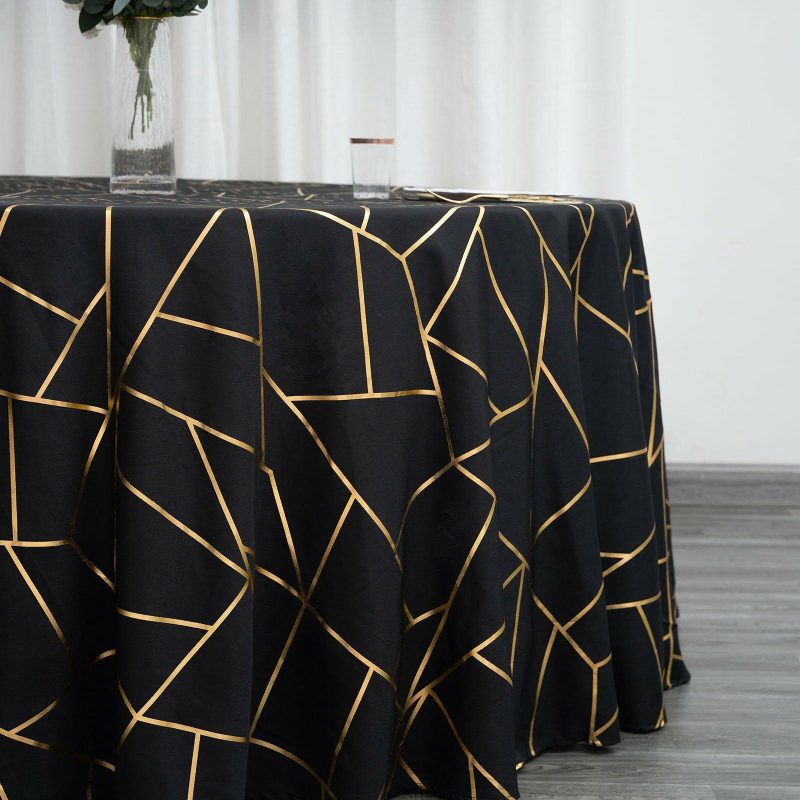 Black Seamless Round Polyester Tablecloth With Gold Foil Geometric Pattern 120″ for 5 Foot Table With Floor-Length Drop  |   Polyester Polyester Black