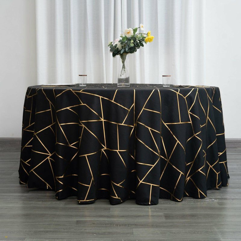 Black Seamless Round Polyester Tablecloth With Gold Foil Geometric Pattern 120″ for 5 Foot Table With Floor-Length Drop  |   Polyester Polyester Black