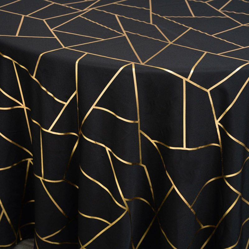 Black Seamless Round Polyester Tablecloth With Gold Foil Geometric Pattern 120″ for 5 Foot Table With Floor-Length Drop  |   Polyester Polyester Black