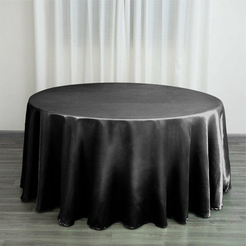 Black Seamless Satin Round Tablecloth 120″ for 5 Foot Table With Floor-Length Drop  |   Satin Satin Black