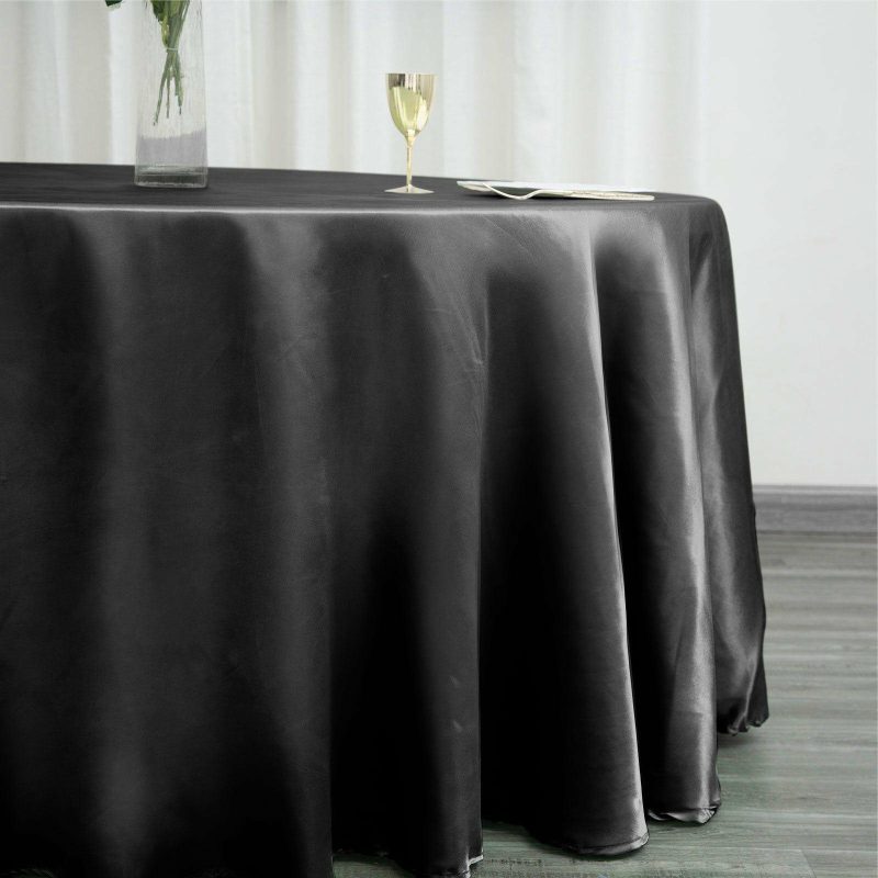 Black Seamless Satin Round Tablecloth 120″ for 5 Foot Table With Floor-Length Drop  |   Satin Satin Black